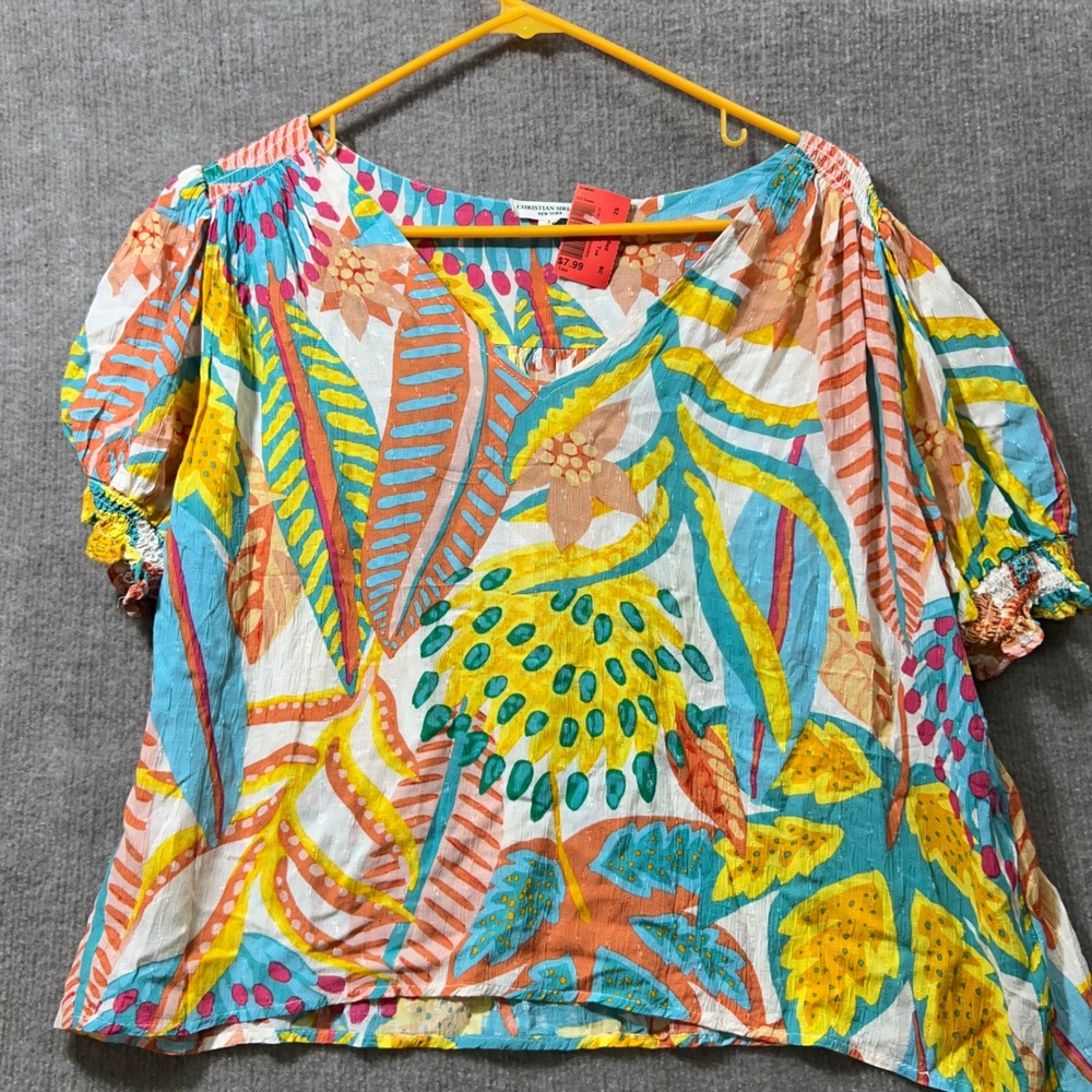 Christian Siriano NEW YORK XL Vibrant Tropical Print Smocked V-Neck Rayon Blouse